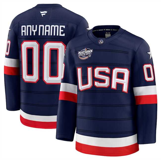 Men%27s USA Active Player Custom Navy 2025 4 Nations Face-Off Stitched Jersey